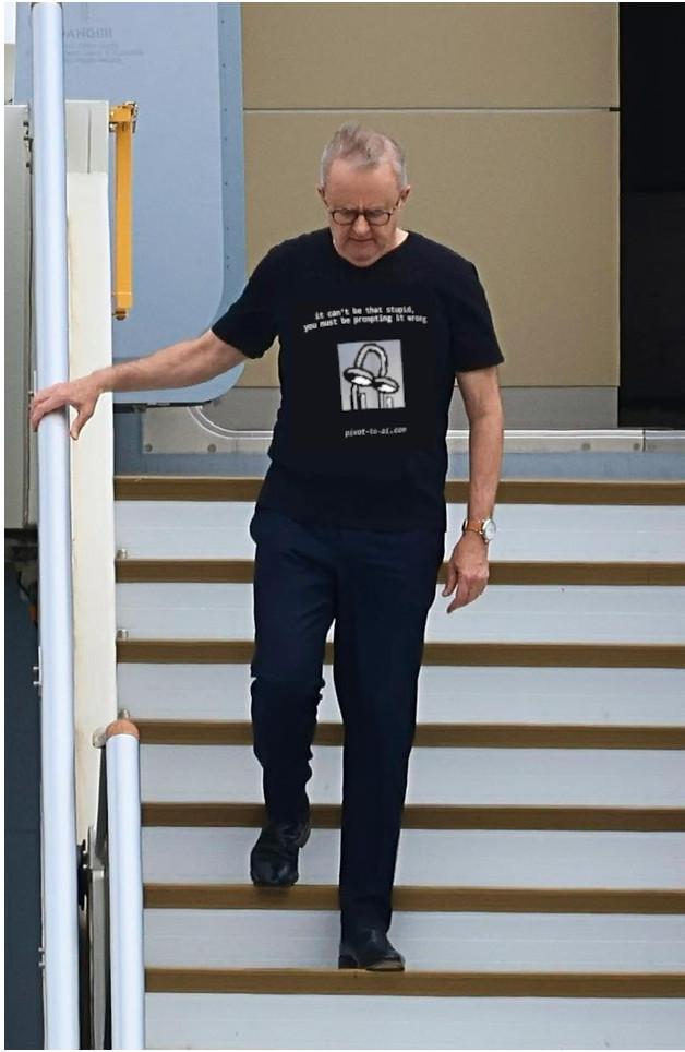 Australian PM Anthony Albanese wearing a Pivot to AI t-shirt