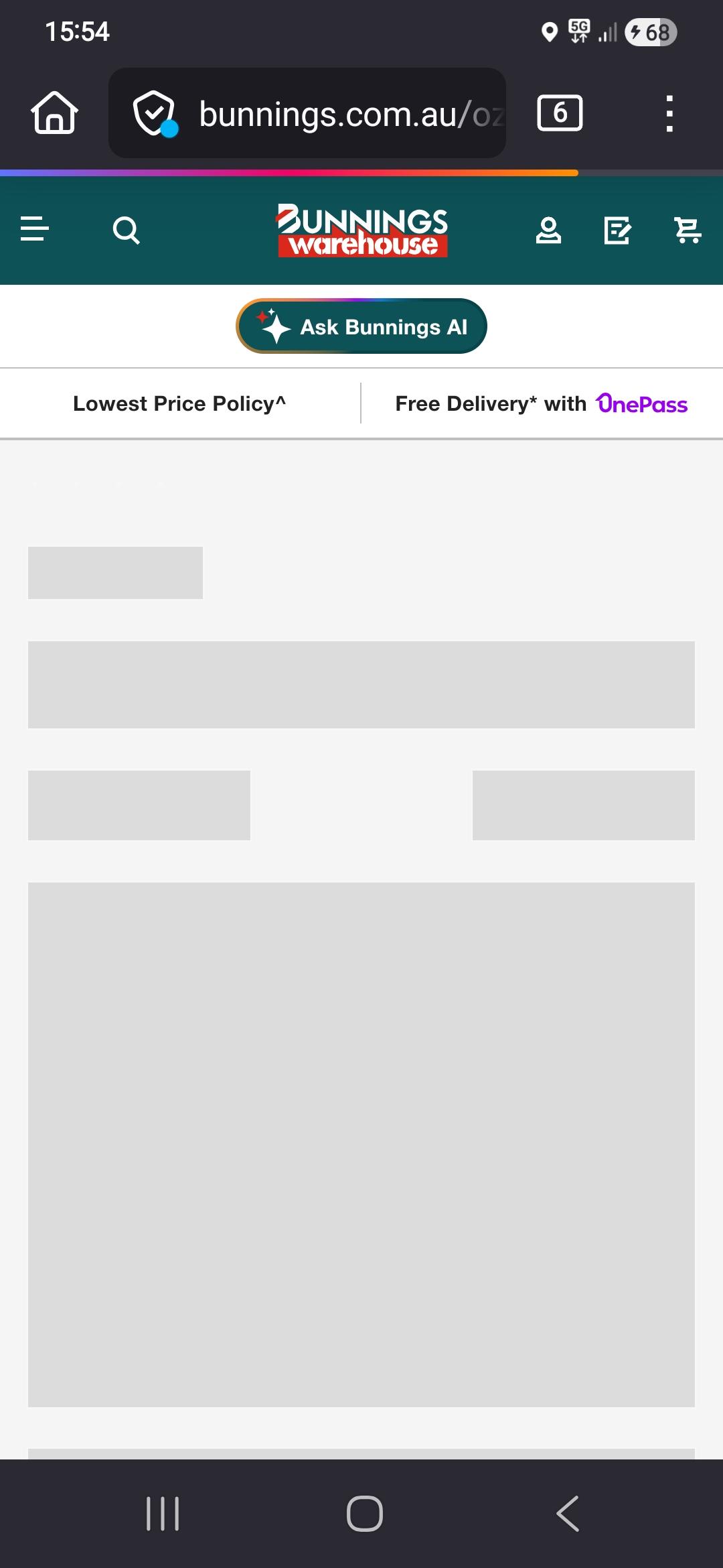 A screenshot from the bunnings page, stuck not loading correctly except for the "Ask AI" bar at the top of the page