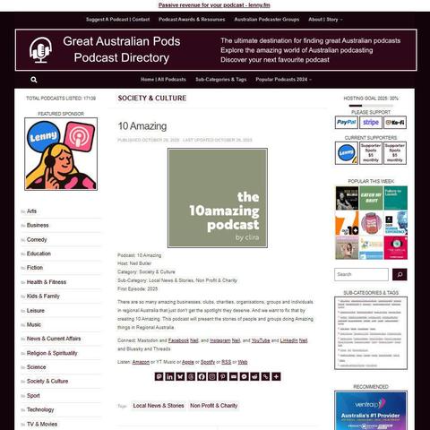 10 Amazing
Screenshot of the podcast listing on the Great Australian Pods website