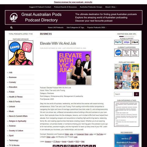 Elevate Podcast With Vic And Juls
Screenshot of the podcast listing on the Great Australian Pods website