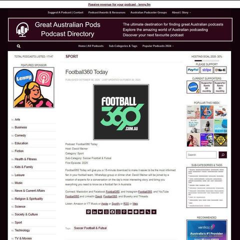 Football360 Today
Screenshot of the podcast listing on the Great Australian Pods website
