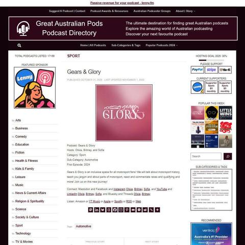 Gears & Glory
Screenshot of the podcast listing on the Great Australian Pods website