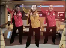 three men in red and yellow jackets are dancing in a room with the words dark material on the bottom