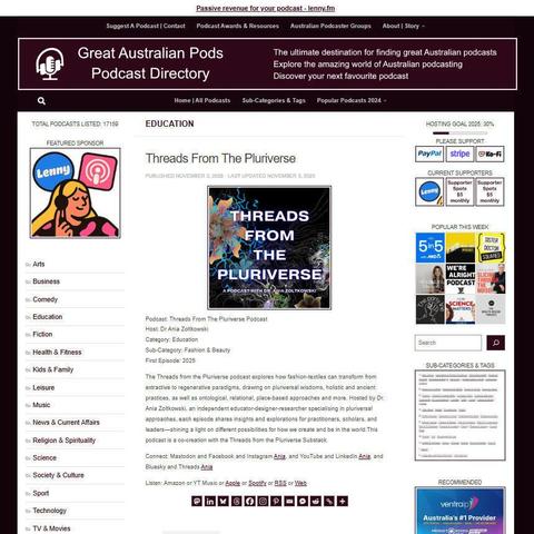 Threads From The Pluriverse Podcast
Screenshot of the podcast listing on the Great Australian Pods website