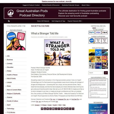 What A Stranger Told Me
Screenshot of the podcast listing on the Great Australian Pods website