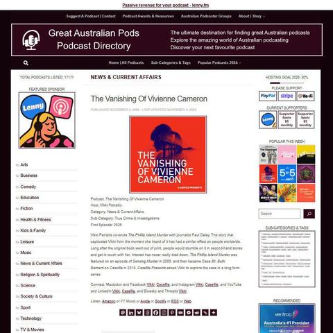 The Vanishing Of Vivienne Cameron
Screenshot of the podcast listing on the Great Australian Pods website