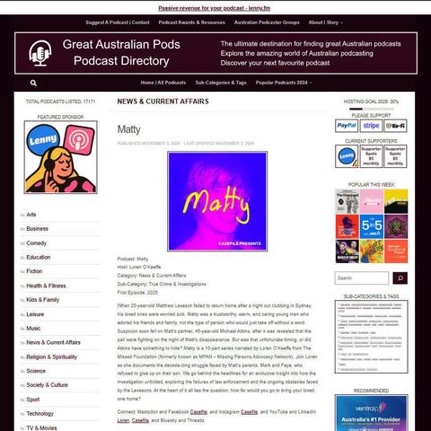 Matty
Screenshot of the podcast listing on the Great Australian Pods website