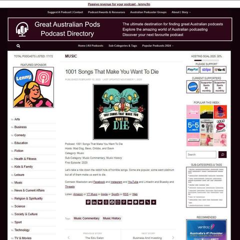 1001 Songs That Make You Want To Die
Screenshot of the podcast listing on the Great Australian Pods website