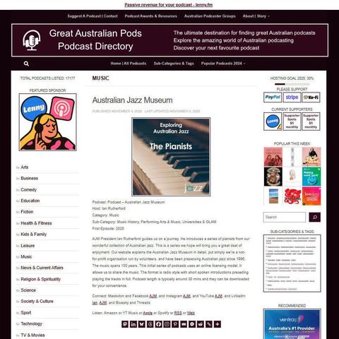 Podcast – Australian Jazz Museum
Screenshot of the podcast listing on the Great Australian Pods website