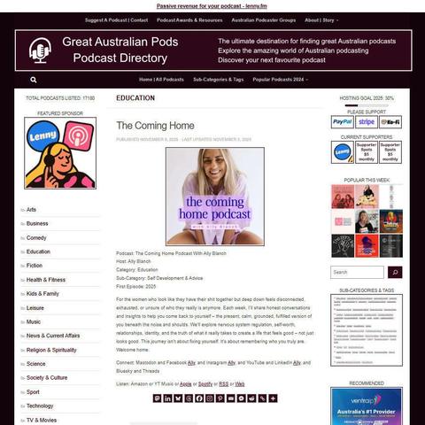 The Coming Home Podcast With Ally Blanch
Screenshot of the podcast listing on the Great Australian Pods website