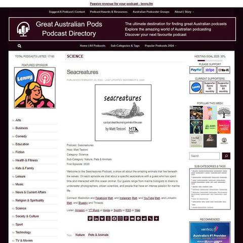 Seacreatures
Screenshot of the podcast listing on the Great Australian Pods website