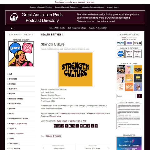 Strength Culture's Podcast 
Screenshot of the podcast listing on the Great Australian Pods website