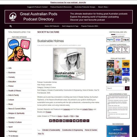 Sustainable Holmes
Screenshot of the podcast listing on the Great Australian Pods website