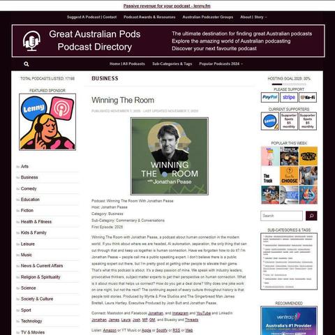 Winning The Room With Jonathan Pease
Screenshot of the podcast listing on the Great Australian Pods website