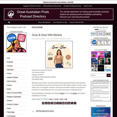Grow & Glow With Martine
Screenshot of the podcast listing on the Great Australian Pods website