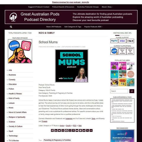 School Mums
Screenshot of the podcast listing on the Great Australian Pods website