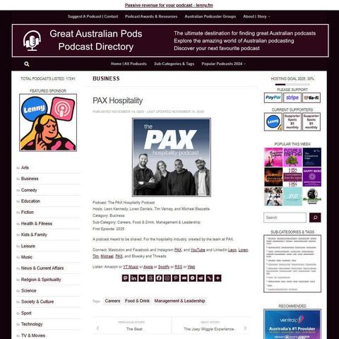The PAX Hospitality Podcast
Screenshot of the podcast listing on the Great Australian Pods website