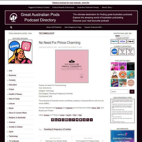 No Need For Prince Charming 
Screenshot of the podcast listing on the Great Australian Pods website