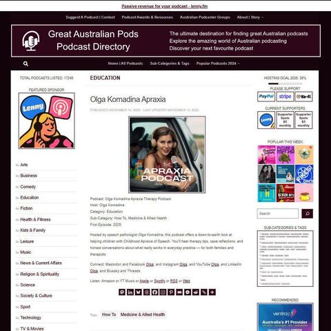 Olga Komadina Apraxia Therapy Podcast
Screenshot of the podcast listing on the Great Australian Pods website