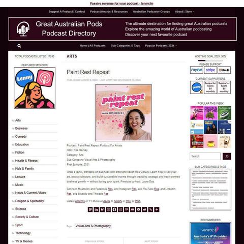 Paint Rest Repeat Podcast For Artists
Screenshot of the podcast listing on the Great Australian Pods website