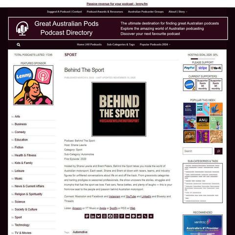 Behind The Sport 
Screenshot of the podcast listing on the Great Australian Pods website