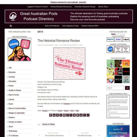 The Historical Romance Review
Screenshot of the podcast listing on the Great Australian Pods website