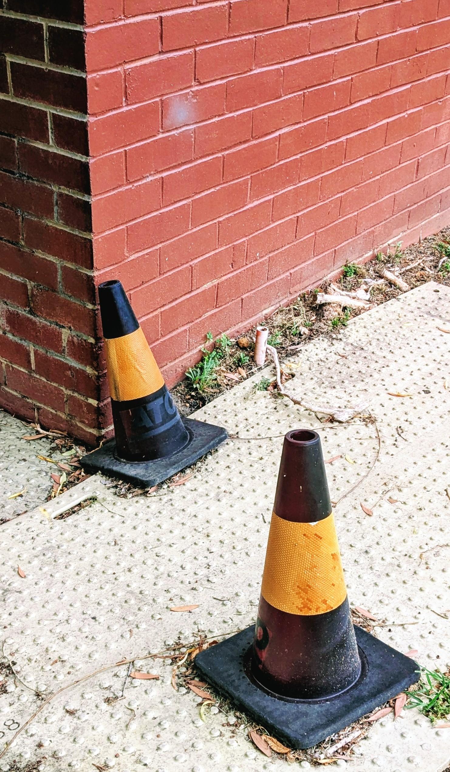 Two black and orange traffic cones, known colloquially as Witches Hats in this part of Australia. I have never seen black and orange ones before - they are usually plain orange or orange and white. 