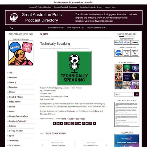 Technically Speaking: Academy Football Podcast
Screenshot of the podcast listing on the Great Australian Pods website