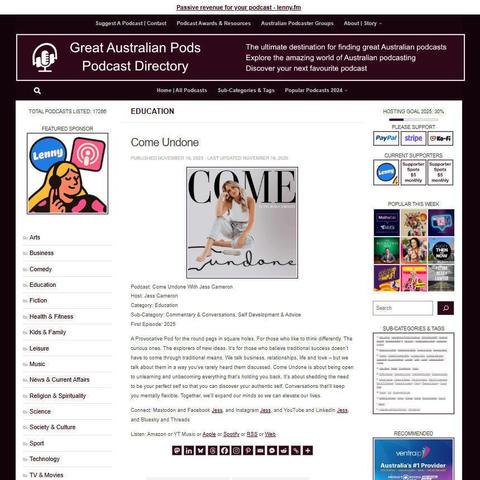 Come Undone With Jess Cameron
Screenshot of the podcast listing on the Great Australian Pods website