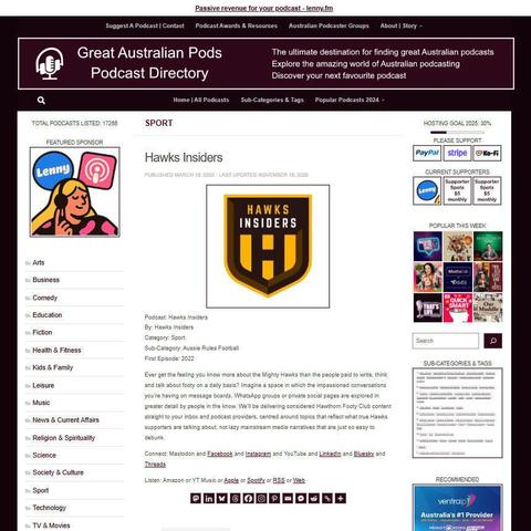 Hawks Insiders
Screenshot of the podcast listing on the Great Australian Pods website