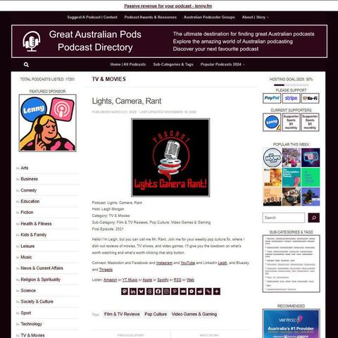 Lights, Camera, Rant
Screenshot of the podcast listing on the Great Australian Pods website