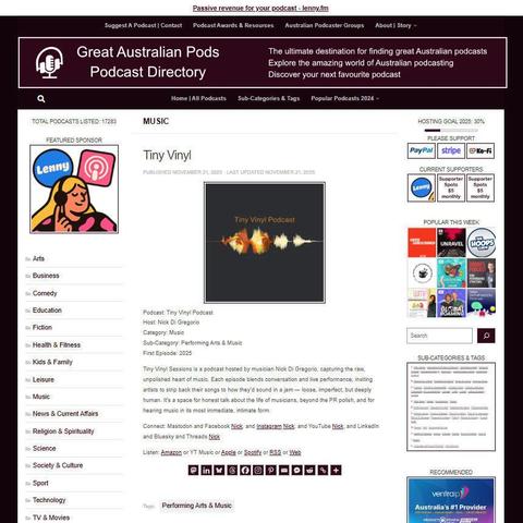 Tiny Vinyl Podcast
Screenshot of the podcast listing on the Great Australian Pods website