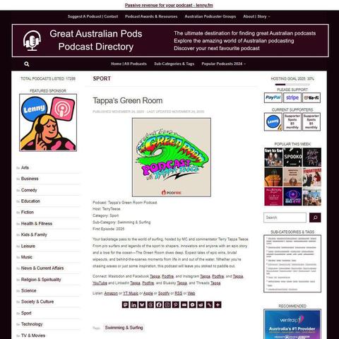 Tappa's Green Room Podcast
Screenshot of the podcast listing on the Great Australian Pods website
