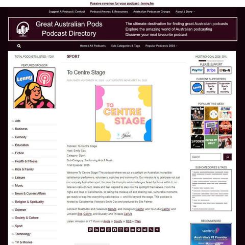To Centre Stage
Screenshot of the podcast listing on the Great Australian Pods website