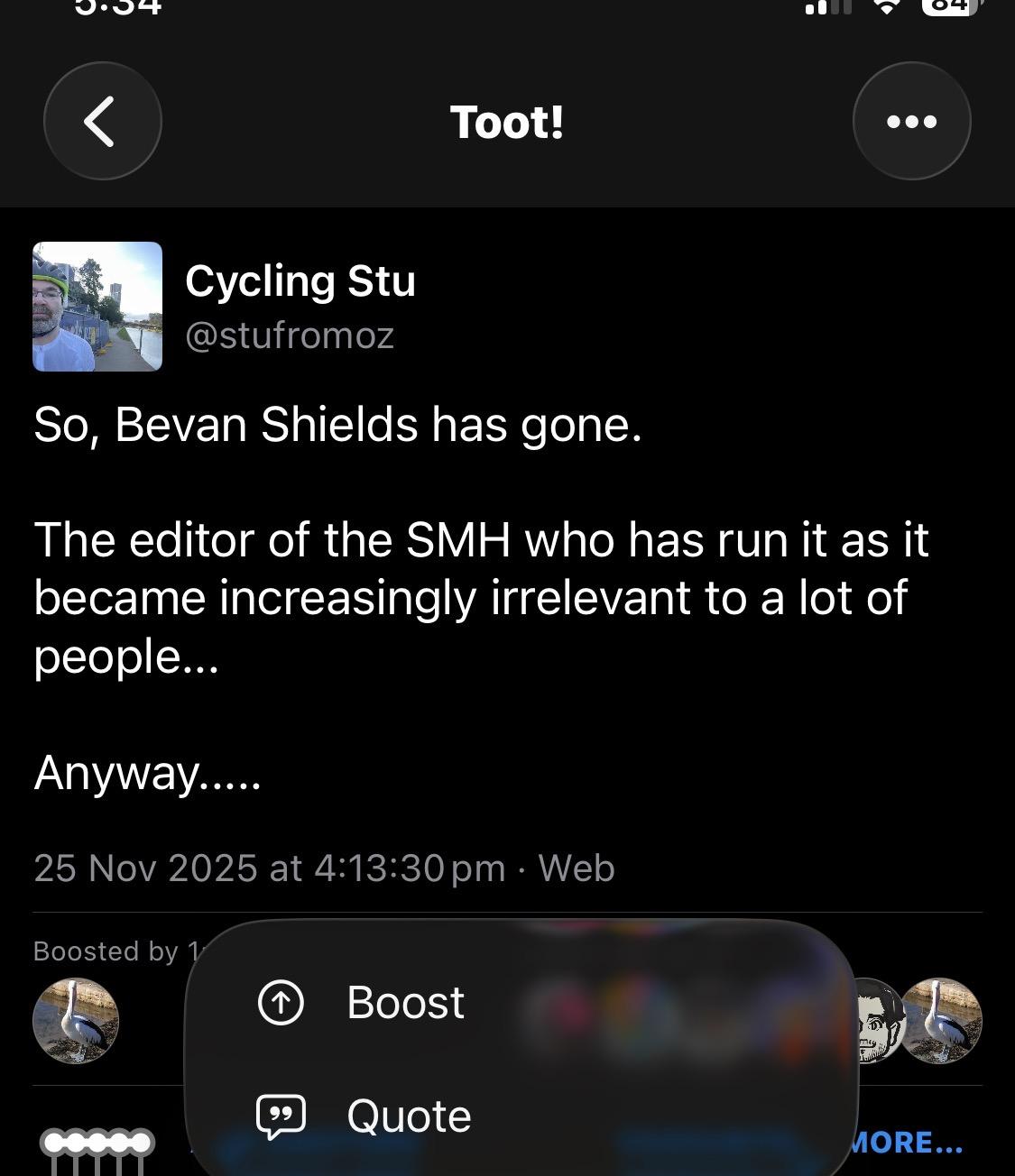 My Bevan Shields has gone toot, showing boost and quote options