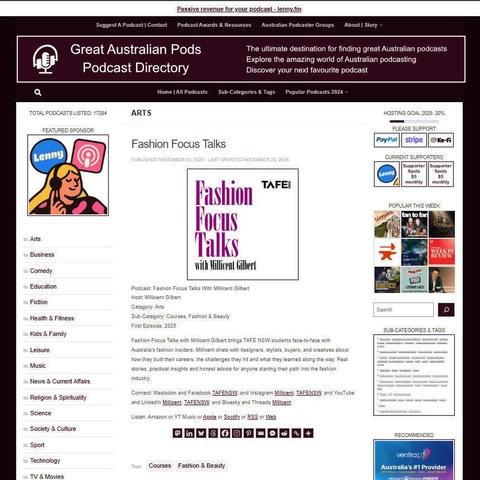 Fashion Focus Talks With Millicent Gilbert
Screenshot of the podcast listing on the Great Australian Pods website