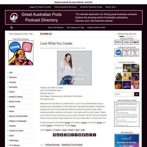 Love What You Create
Screenshot of the podcast listing on the Great Australian Pods website