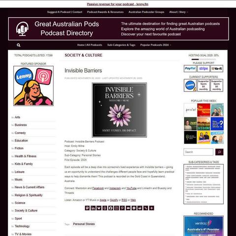 Invisible Barriers Podcast
Screenshot of the podcast listing on the Great Australian Pods website