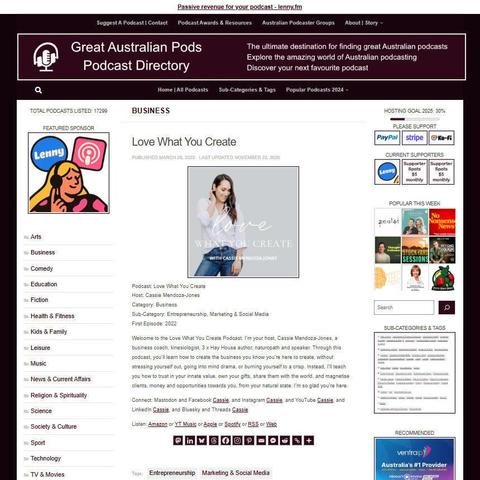 Love What You Create
Screenshot of the podcast listing on the Great Australian Pods website
