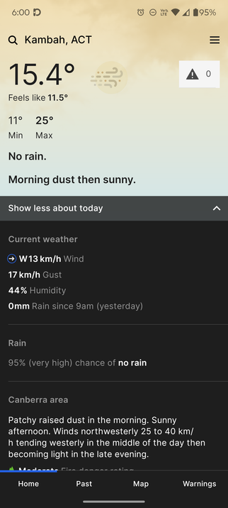 BOM ago showing today's forecast with morning dust 