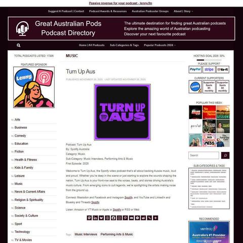 Turn Up Aus
Screenshot of the podcast listing on the Great Australian Pods website