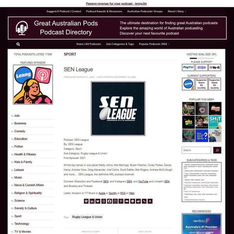 SEN League
Screenshot of the podcast listing on the Great Australian Pods website