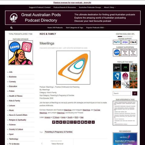 Meerilinga - Positive Childhoods And Parenting
Screenshot of the podcast listing on the Great Australian Pods website