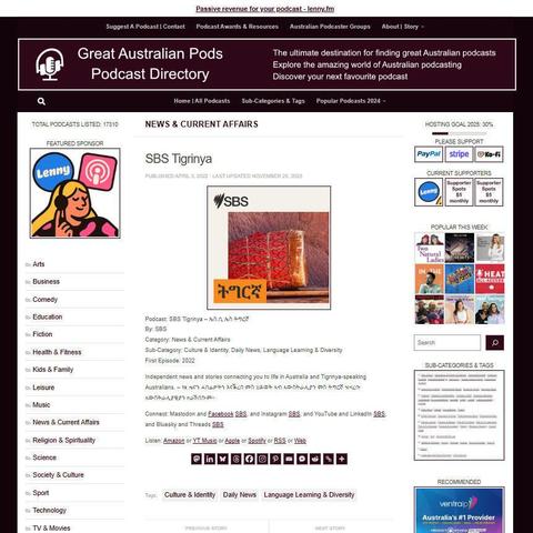 SBS Tigrinya – ኤስ.ቢ.ኤስ ትግርኛ   
Screenshot of the podcast listing on the Great Australian Pods website