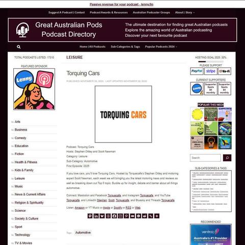 Torquing Cars
Screenshot of the podcast listing on the Great Australian Pods website