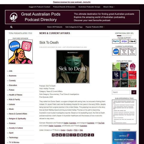 Sick To Death
Screenshot of the podcast listing on the Great Australian Pods website
