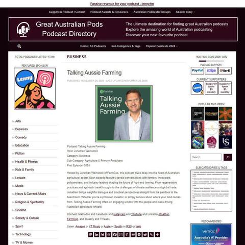 Talking Aussie Farming
Screenshot of the podcast listing on the Great Australian Pods website