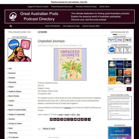 Unpacked Journeys 
Screenshot of the podcast listing on the Great Australian Pods website