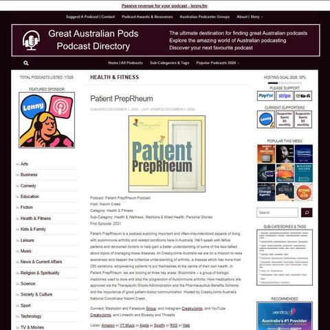 Patient PrepRheum Podcast
Screenshot of the podcast listing on the Great Australian Pods website