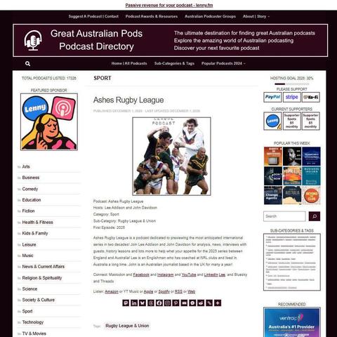 Ashes Rugby League
Screenshot of the podcast listing on the Great Australian Pods website